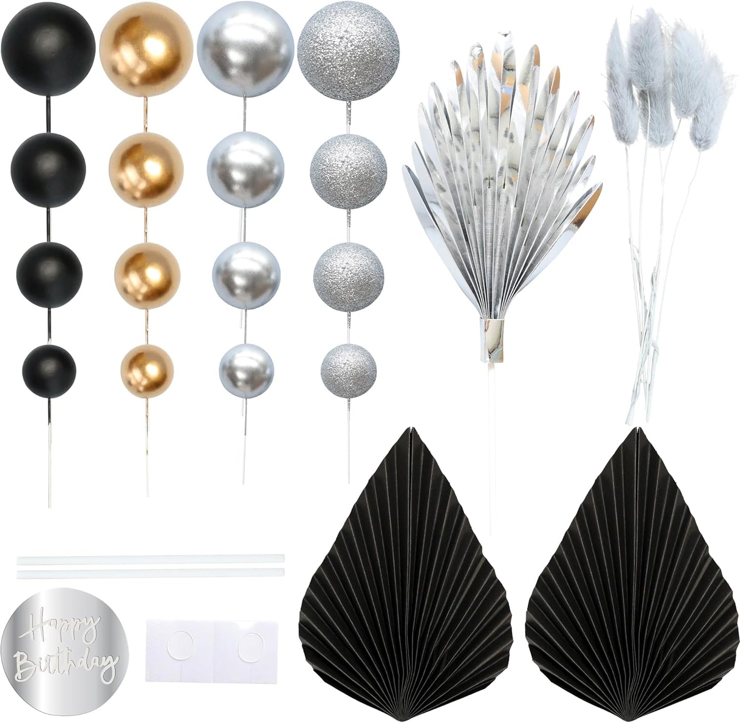 Ephlyn 33 Pack Balls Cake Toppers Boho Palm Leaves Cake Decorations Round Acrylic Happy Birthday Cupcake Toppers for Birthday Wedding Baby Shower Party Supplies Black Silver