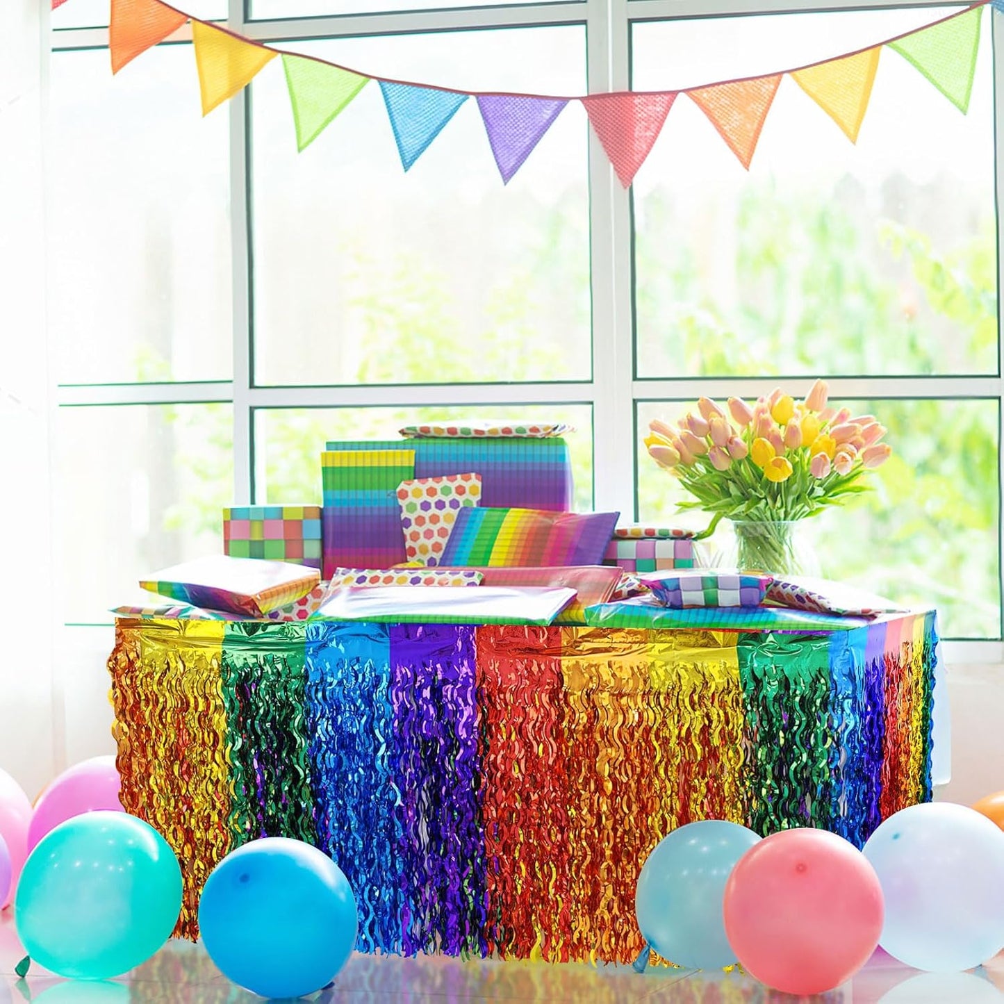 CCINEE 4 Packs Foil Fringe Table Skirt for Rainbow Party Decorations, 36ft Wavy Metallic Tinsel Foil Fringe Desk Skirt for Fiesta Birthday Wedding Pride Party DíA De Muertos Table Decorations