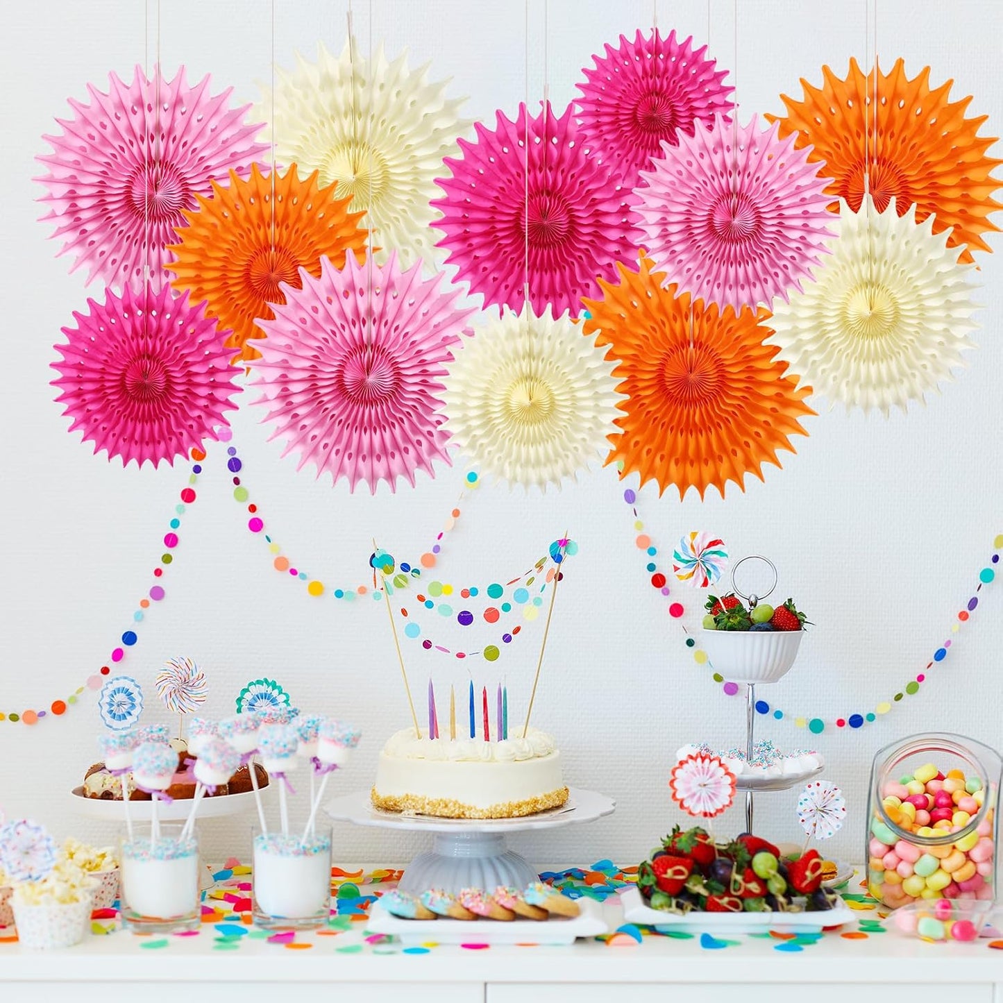 BestoFun 12PCS Paper Fans Hot Pink and Orange Party Decorations Tissue Paper Flowers Decorations for Girl Groovy Birthday Baby Shower Wedding Bachelorette Room Wall Hanging Décor