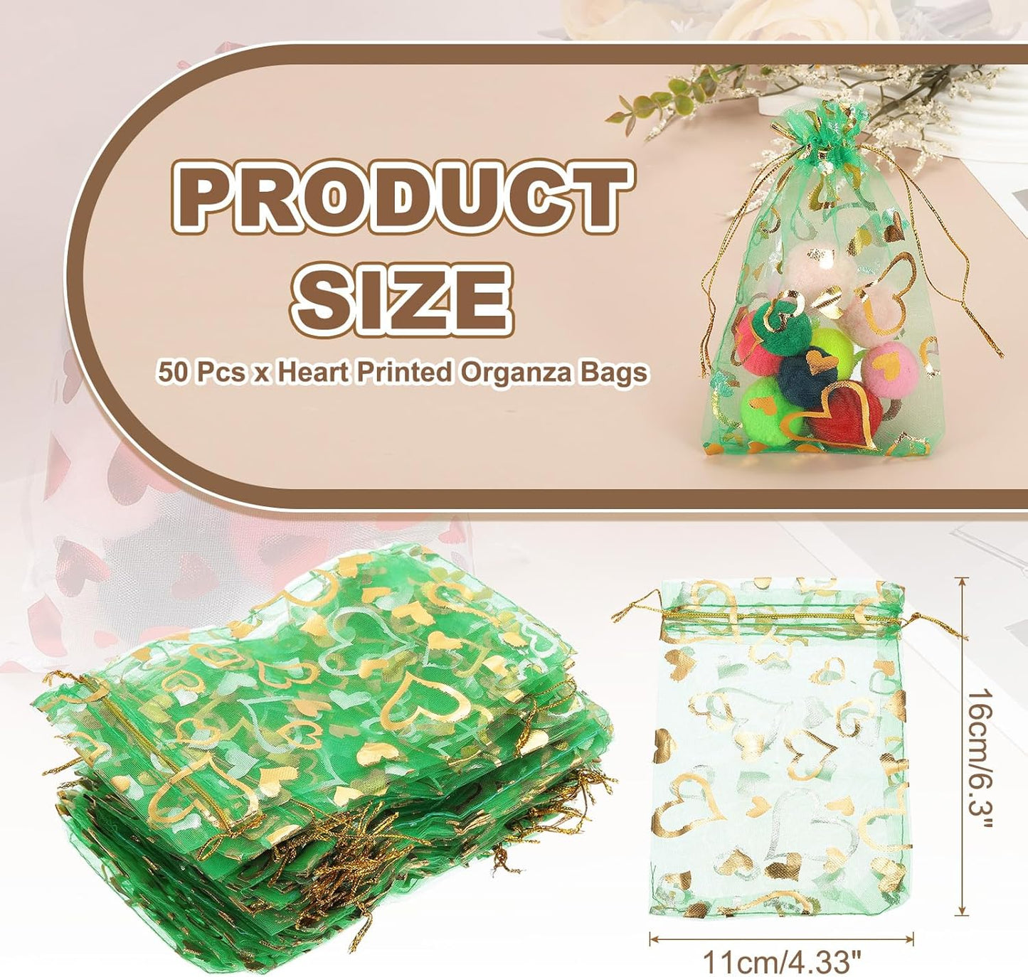 PATIKIL 50 Pcs 4x6 Inch Heart Printed Organza Bags, Green Sheer Heart Organza Bags with Drawstring for Christmas Candy Jewelry Party Wedding Favor Gift