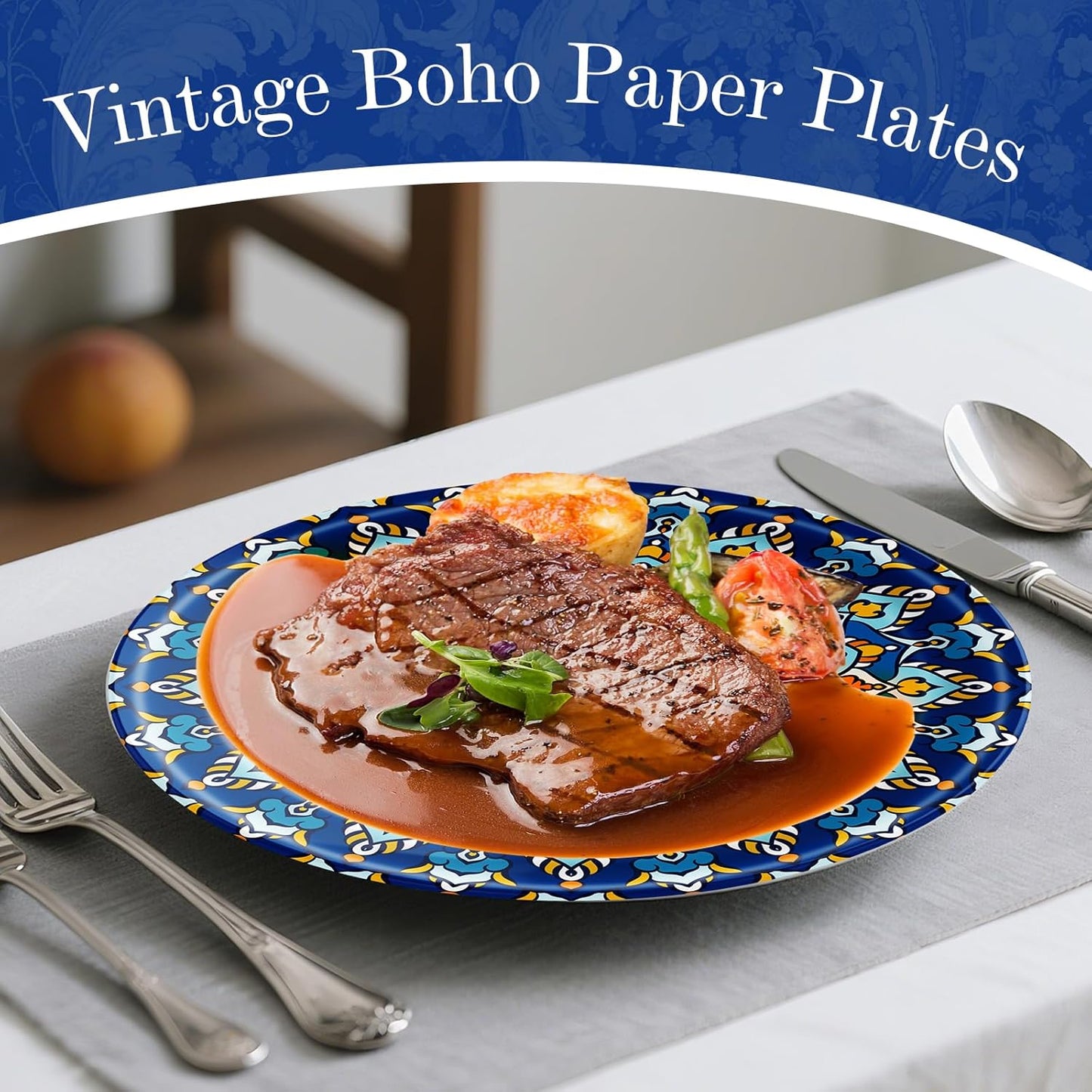 100 Count Boho Paper Plates (50×7"+ 50×9") – Disposable Plates for Party, Retro Bohemian Style Dessert Dinner Plate Set for Daily Use, Holiday, Wedding, Events