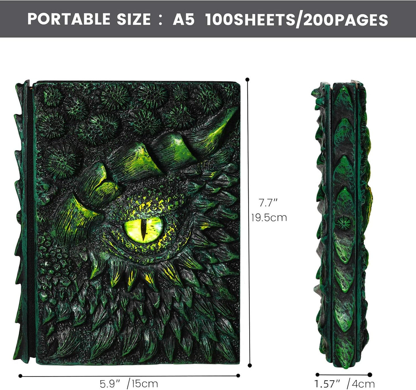 molshine A5 (7.3" x 5.1") 3D Dragon Embossed Journal,Resin Engraving Notebook,Retro Diary,100 Sheets Blank Paper,Hardcover Travel Notepad for Writing,Sketchbook,Collection,Gift,Decoration (Green)