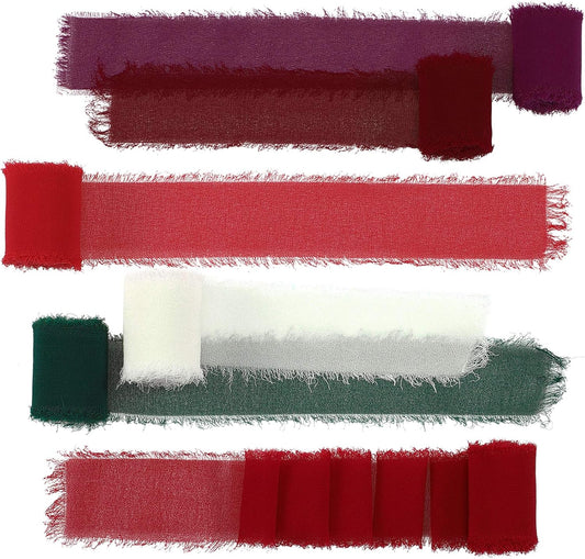 6 Rolls Handmade Fringe Chiffon Silk Ribbon 1.5" x 3 Yd Colorful Ribbon for Wedding Invitations, Bridal Bouquets, Gifts Wrapping, DIY Crafts (Red and Green Set)