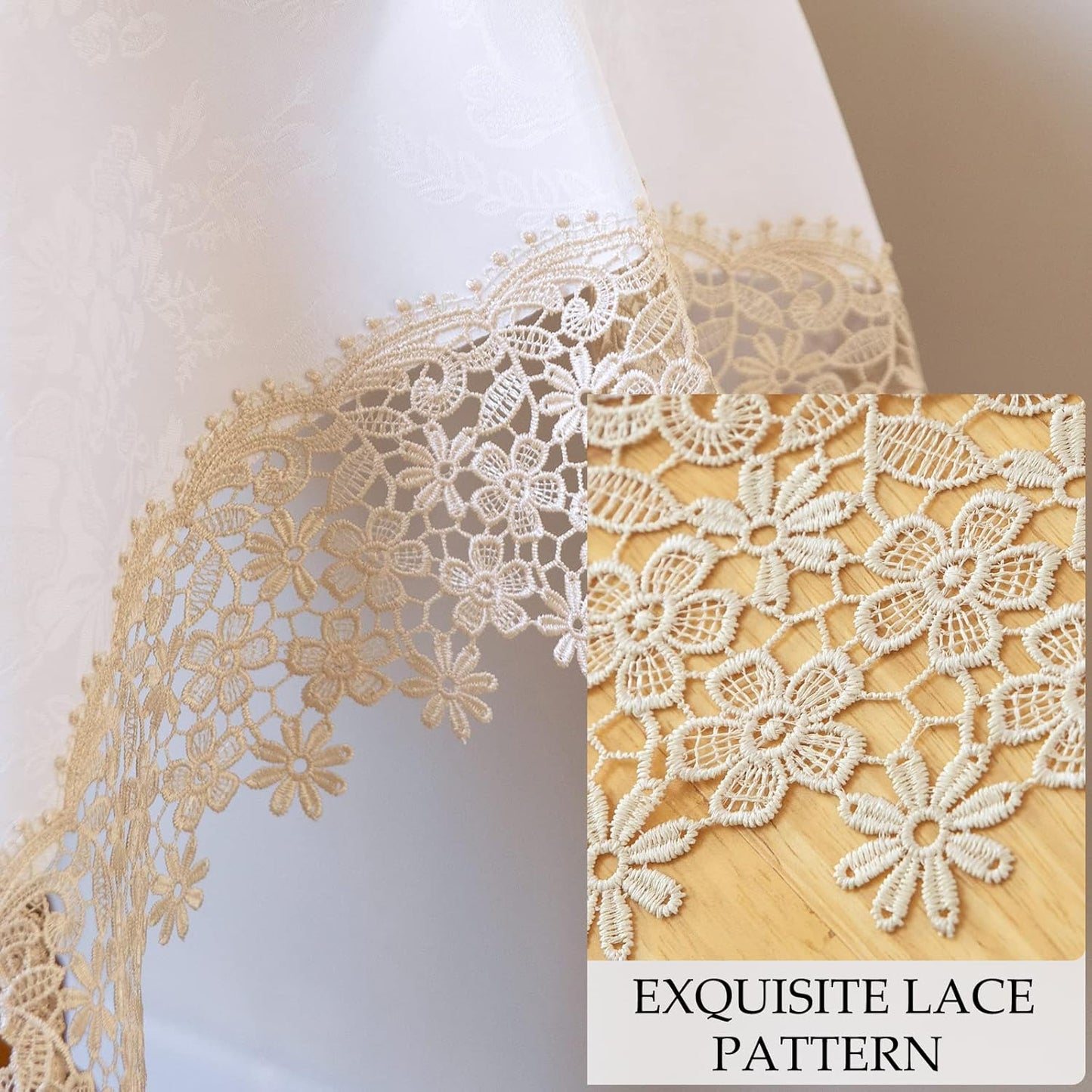 Beige lace Premium Square Farmhouse Tablecloth Waterproof OilProof SpillProof AntiShrink Soft Wrinkle Resistant Decorative Fabric Table Cover Kitchen Dinning Party Wedding Banquet
