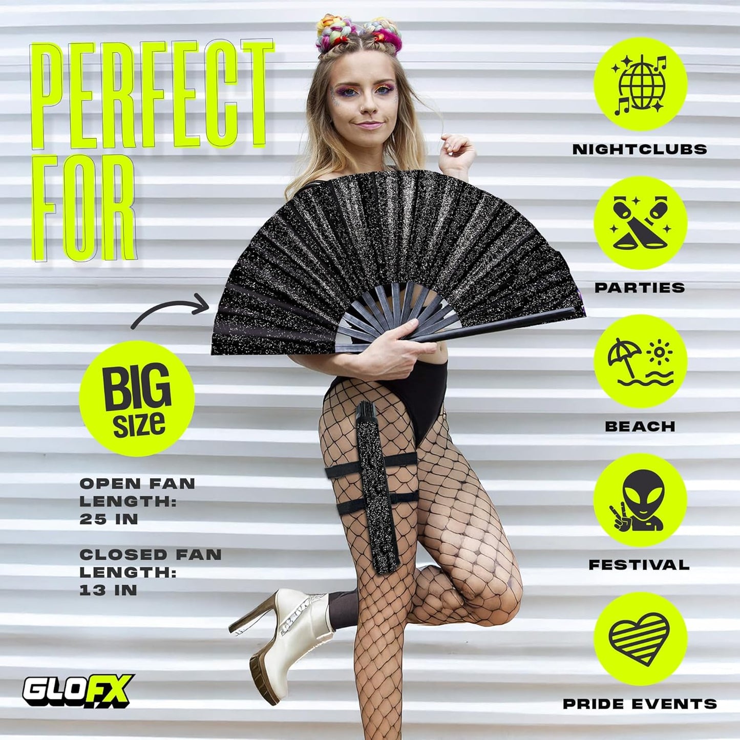 Black Glitter Folding Fan with Holster – Large Handheld Folding Fan with Loud Snap for Festival, Line Dancing, Drag, and Performance – Includes Matching Glitter Belt Holster