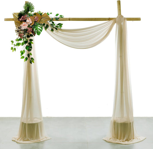 VDS Pack of 3 Panel (30 Inch X 20 Feet) Wedding Arch Draping Fabric Sheer Chiffon Fabric Drapery for Wedding Ceremony Reception Swag Backdrop Canopy Chuppah ARBO Altars Decoration (Champagne)