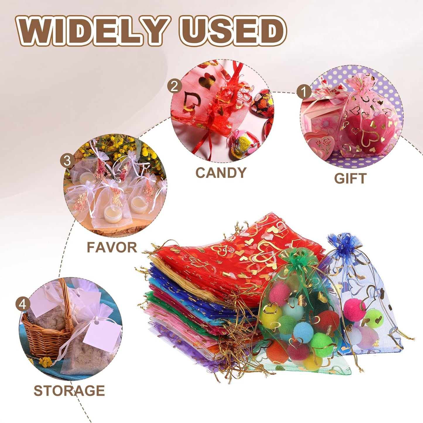 PATIKIL 100 Pcs 5x7 Inch Heart Printed Organza Bags, Red Sheer Heart Organza Bags with Drawstring for Christmas Candy Jewelry Party Wedding Favor Gift