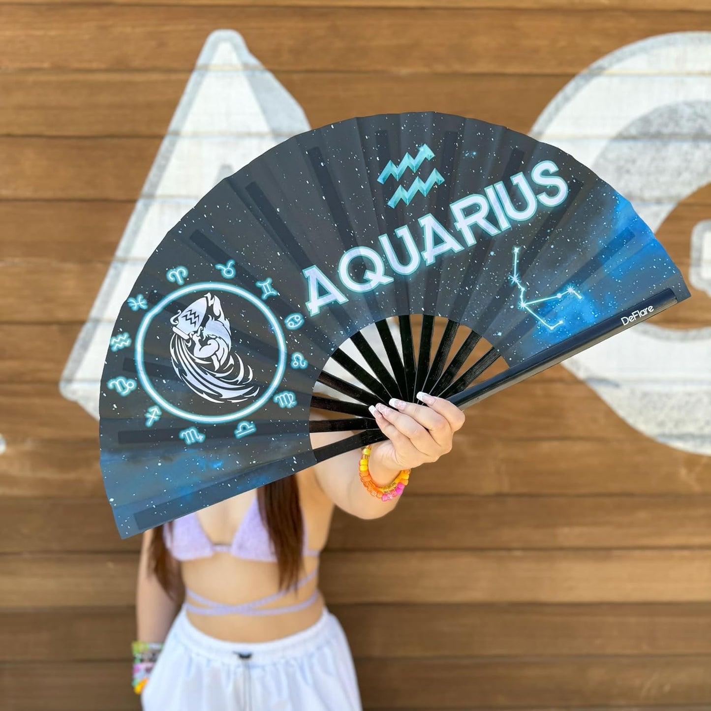 DeFlare | Cosmic Zodiac Rave Fan | Zodiac Sign Hand Fan | Astrology Rave Fan | Hand Fan | Large Rave Fan | Large Clacking Fan