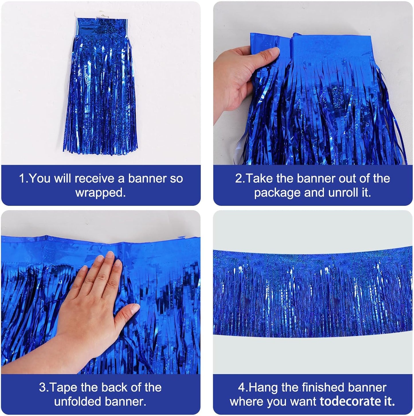 BEISHIDA 3 Packs Metallic Foil Fringe Garland Laser Blue Wall Hanging Tinsel Fringe Banners for Car Floats Bridal Shower Wedding Birthday Easter Graduation Holiday Party Decoration(30 Feet)