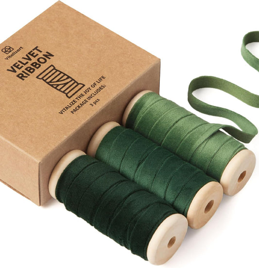 Vitalizart Green Velvet Ribbon 3/8" x 15 Yd Fabric Trim 3 Rolls * 5 Yd for Christmas Wreath Decoration Handmade Craft Ornaments Gift Wrapping & Bow Making Dark Forest