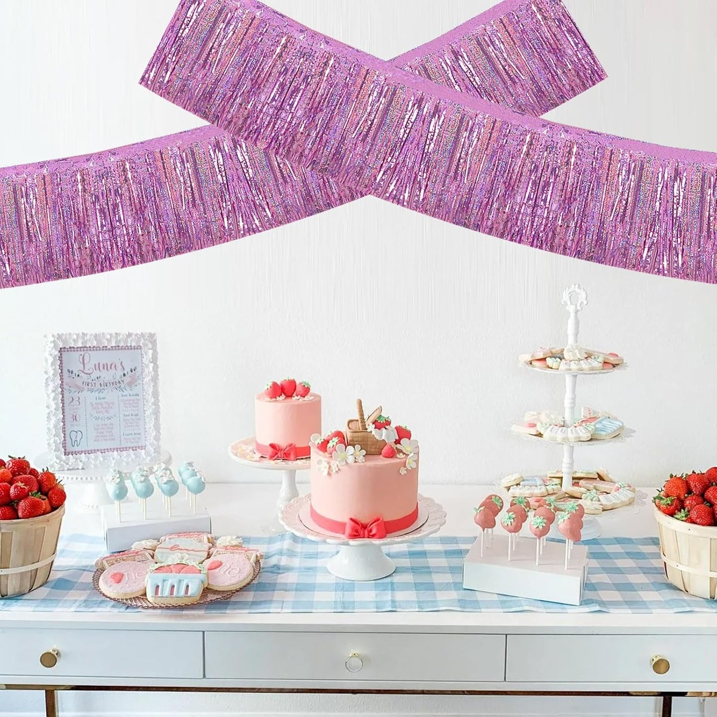 BEISHIDA 3 Packs Metallic Foil Fringe Garland Laser Light Pink Wall Hanging Tinsel Fringe Banners for Car Floats Bridal Shower Wedding Birthday Easter Graduation Holiday Party Decoration(30 Feet)