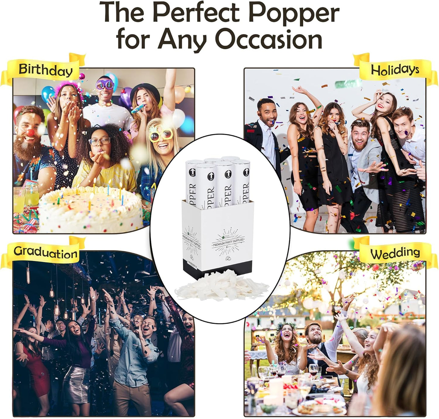Clover Products 12" Biodegradable Confetti Cannons | 6 Pack | White Poppers for Weddings, Birthdays & Events | Air-Powered, Safe & Easy to Use | Shoots 25 Feet for Indoor & Outdoor Celebrations