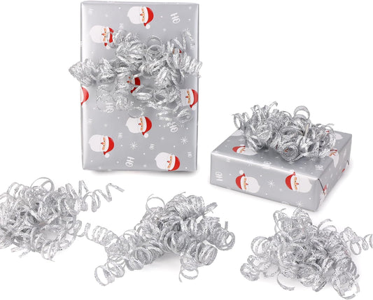 6" Metallic Silver Christmas Curly Ribbon Bows for Gift Wrapping Self Adhesive Gift Bows for Holiday Decor, Baskets, Birthday, Wedding, Presents, Party Favors Decorations 6 Counts