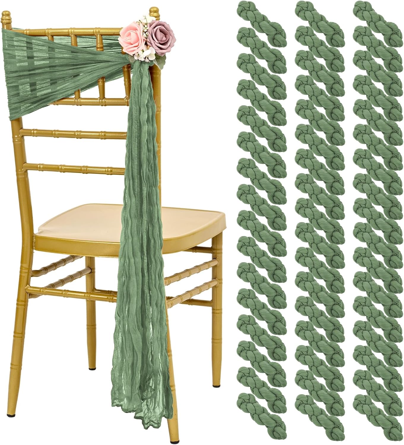 50 PCS Cheesecloth Chair Sashes, Bows Designed ChairSashes, 15.7x108 inch Chair Sashes for Aisle Decorations Universal Chairs Cover Decoration for Wedding Reception Party Banquet (Sage Green)
