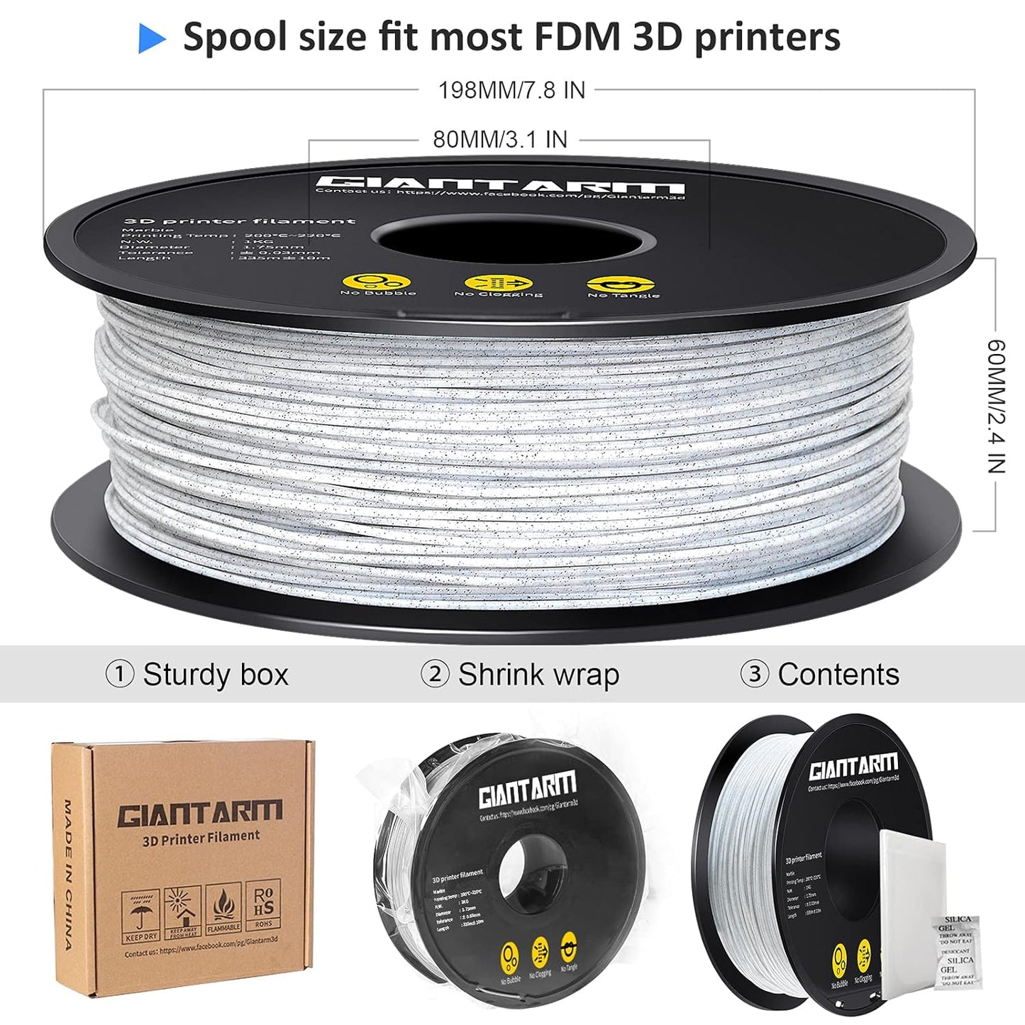 GIANTARM 3D Printer Filament, Marble Pla Filament, 1Kg(2.2lbs) Spool, 1.75mm Dimension Accuracy +/- 0.03mm, 3D Printing Filament
