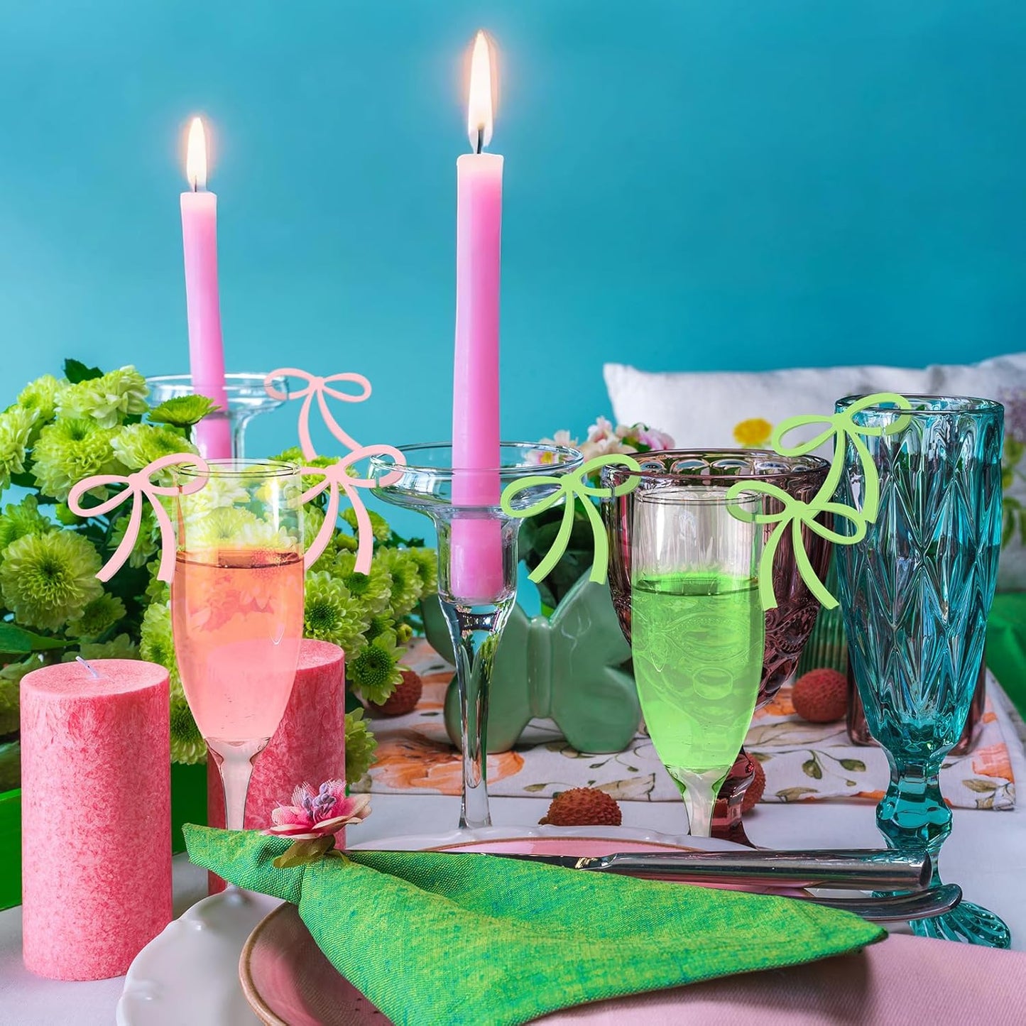 50 Pcs Bows Drink Tags Coquette Bow Wine Glass Charms Acrylic Bowknot Drink Tag for Bachelorette Birthday Wedding Coquette Tasting Party Decor Accessory(Green, Pink)