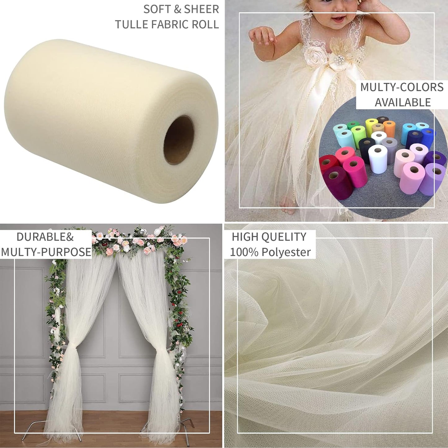 Ivory Tulle Fabric Rolls 6 Inch by 200 Yards (600 feet) Fabric Spool Tulle Ribbon for DIY Ivory Tutu Gift Wrapping Baby Shower Birthday Party Wedding Decorations Craft Supplies