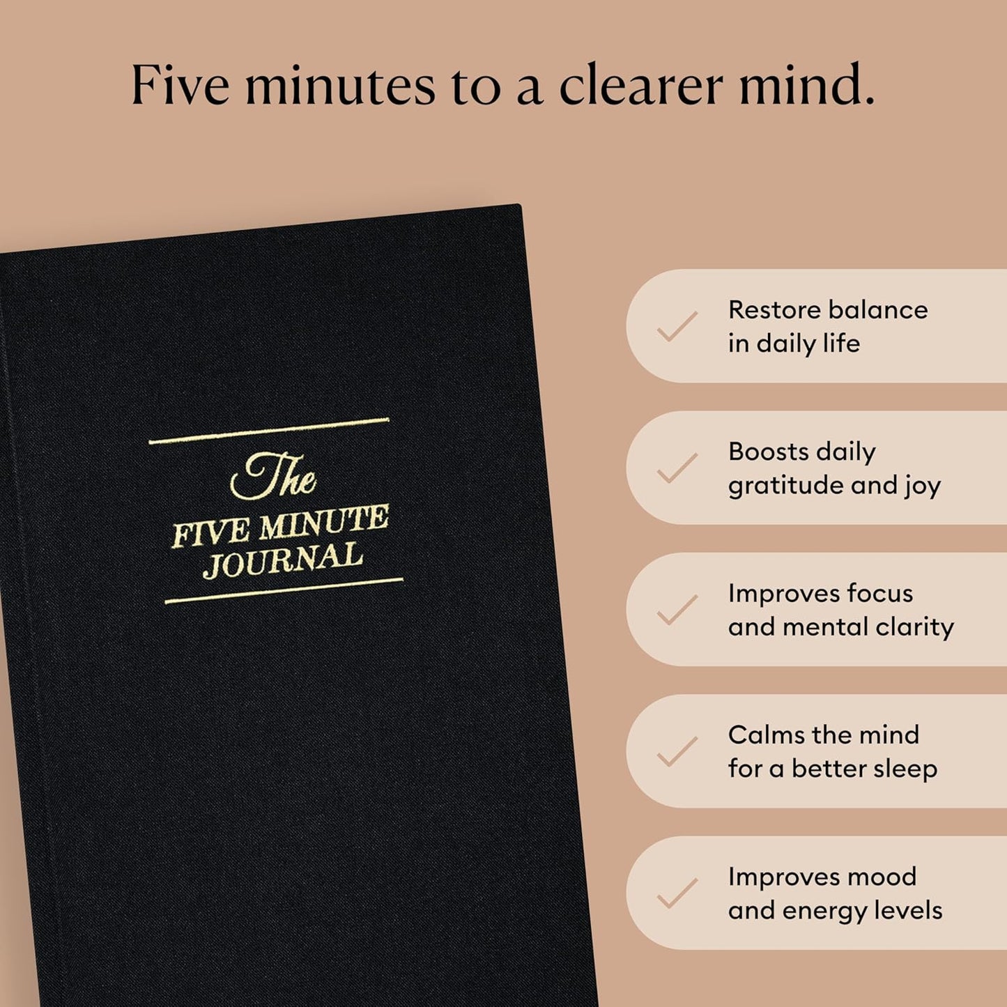 Intelligent Change The Five Minute Journal, Original Daily Gratitude Journal 2025, Reflection & Manifestation Journal for Mindfulness, Undated Daily Journal with Gold Foiling, Plastic-Free, Black