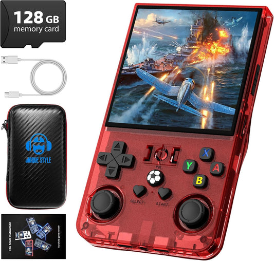 R36MAX Retro Handheld Game Console, 4.0 Inch 720x720 IPS Screen, Built-in 22,000+ Classic Game, Portable Hand Held Open Source Linux System, 4000mAh Battery Retro Gaming Console (Red 128GB)