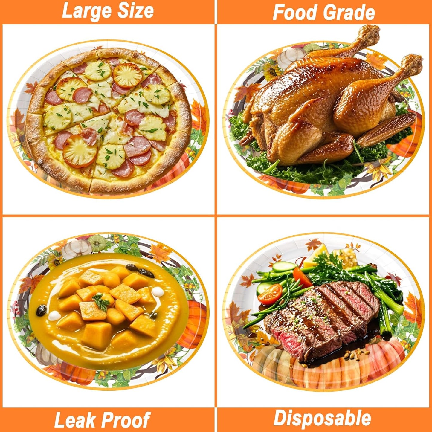 100Pcs Thanksgiving Oval Paper Plates and Napkins Set, 10" x 12" Party Plates,Large Disposable Dinner Plates for Fall Party and Thanksgiving Day