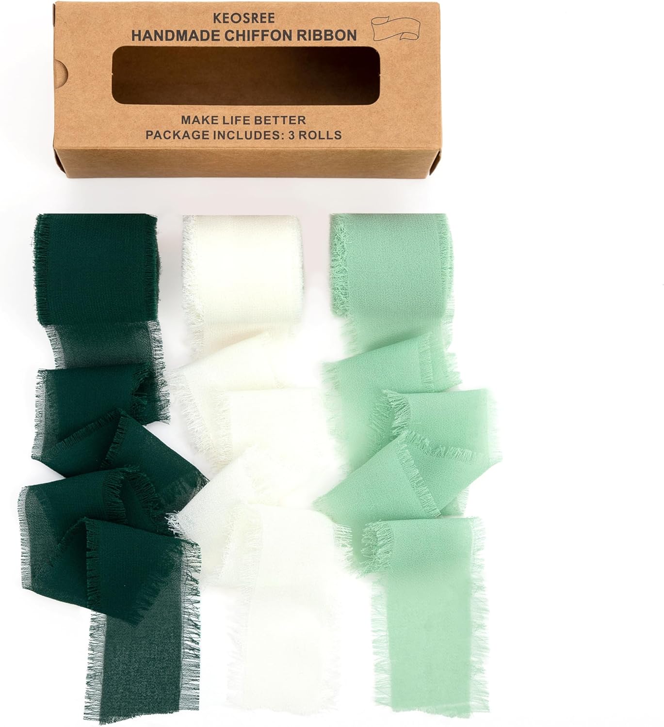 3 Rolls Cream White & Sage Green Handmade Chiffon Ribbon,1.5" x 21Yd Frayed Fringe Silk Ribbons (3 Rolls *7Yd) for Gifts Wrapping, Wedding Invitations, Bridal Bouquets, Decorations