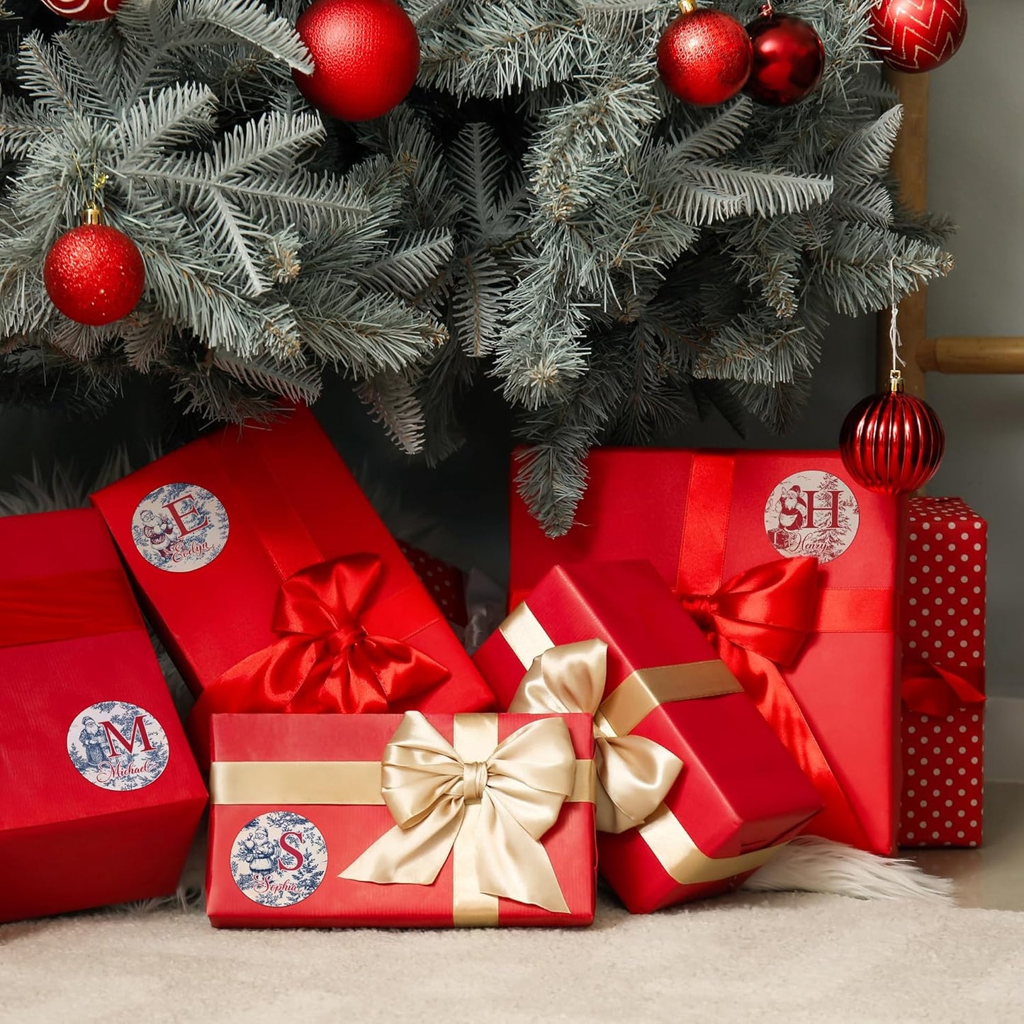 30pcs Personalized Christmas Stickers with Name, Custom Toile De Jouy Style Santa Claus Waterproof Christmas Gift Tags for Gift Box Holiday Decorations, Stockings, Party Favors