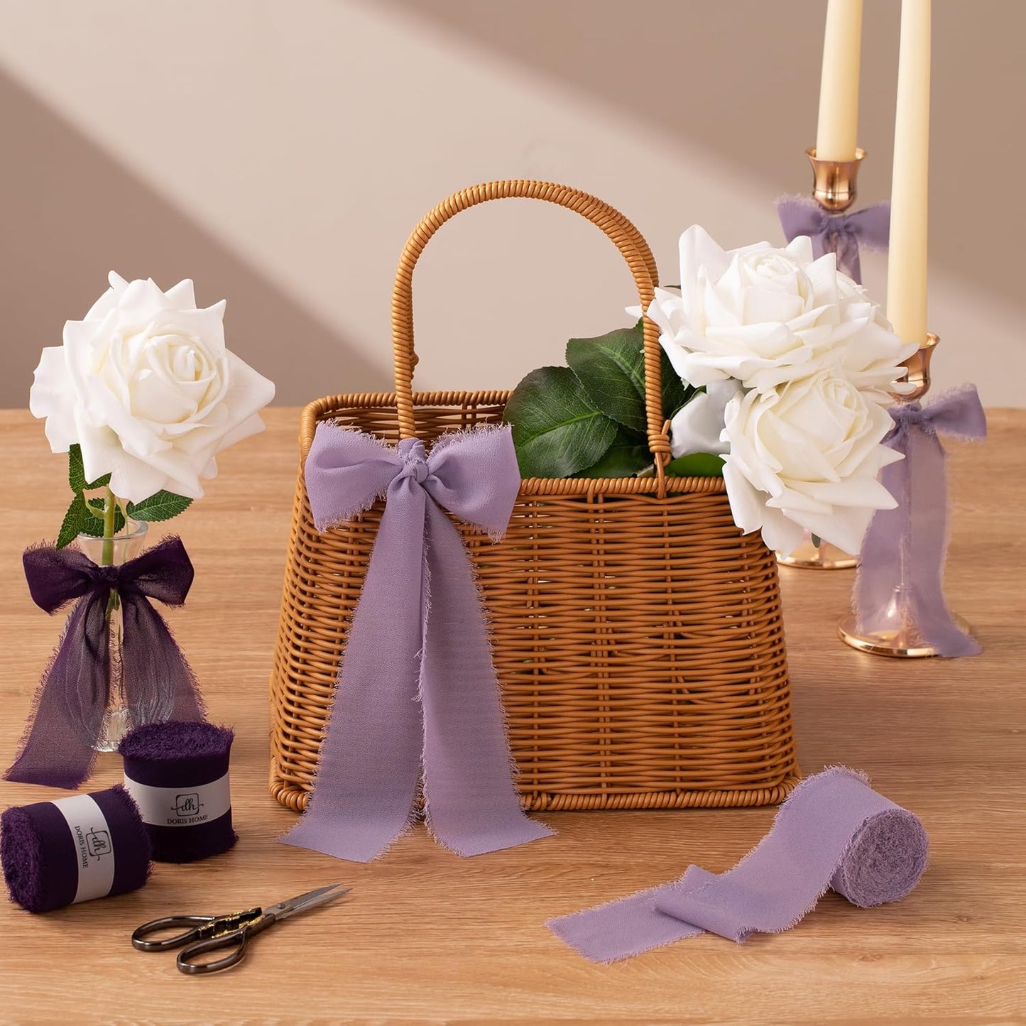 DORIS HOME 2" x21Yd Chiffon Ribbon for Flower Bouquet, Purple Series Fabric Ribbon for Gift Wrapping, Handmade Frayed Ribbon for Wedding/Christmas Decorations