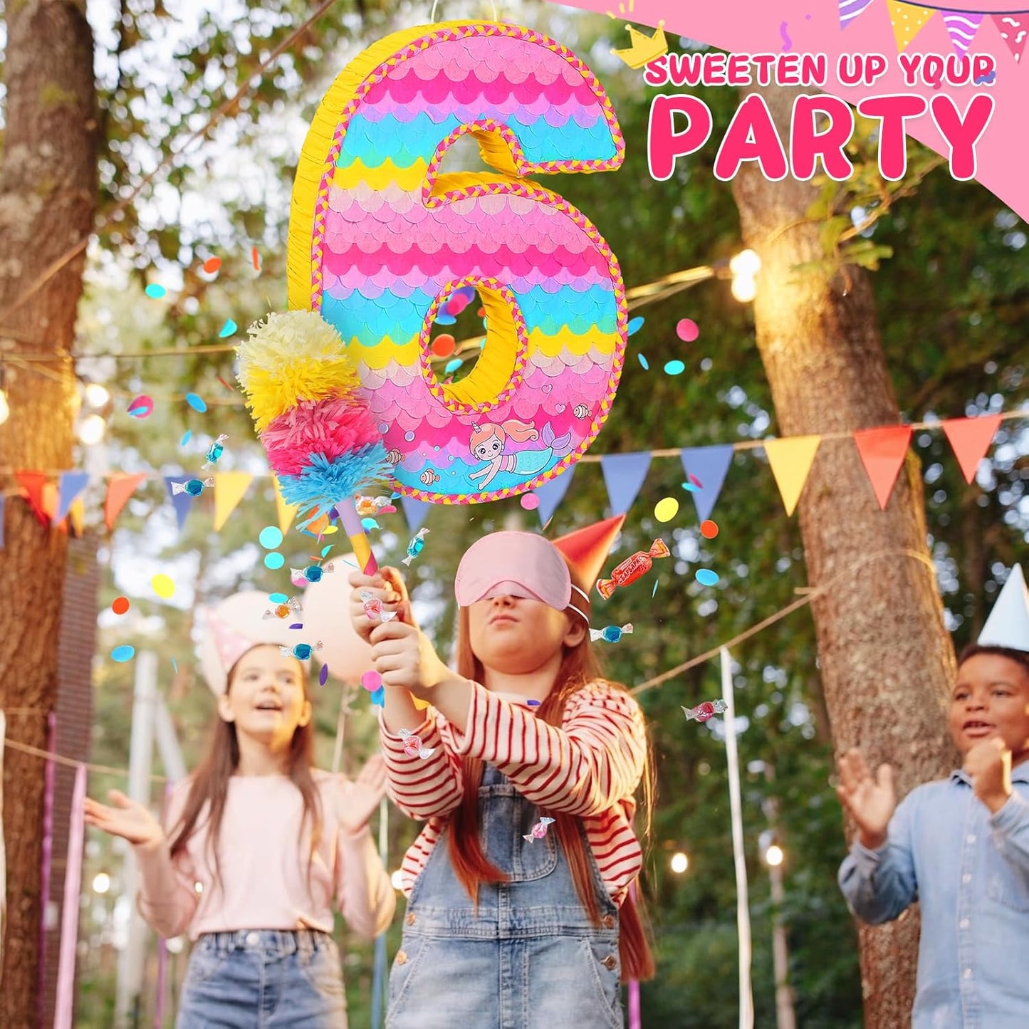 Number 6 Pinata for Birthday Party Decorations, Unicorn Mermaid Theme Pink Piñata Games Toy (6th)