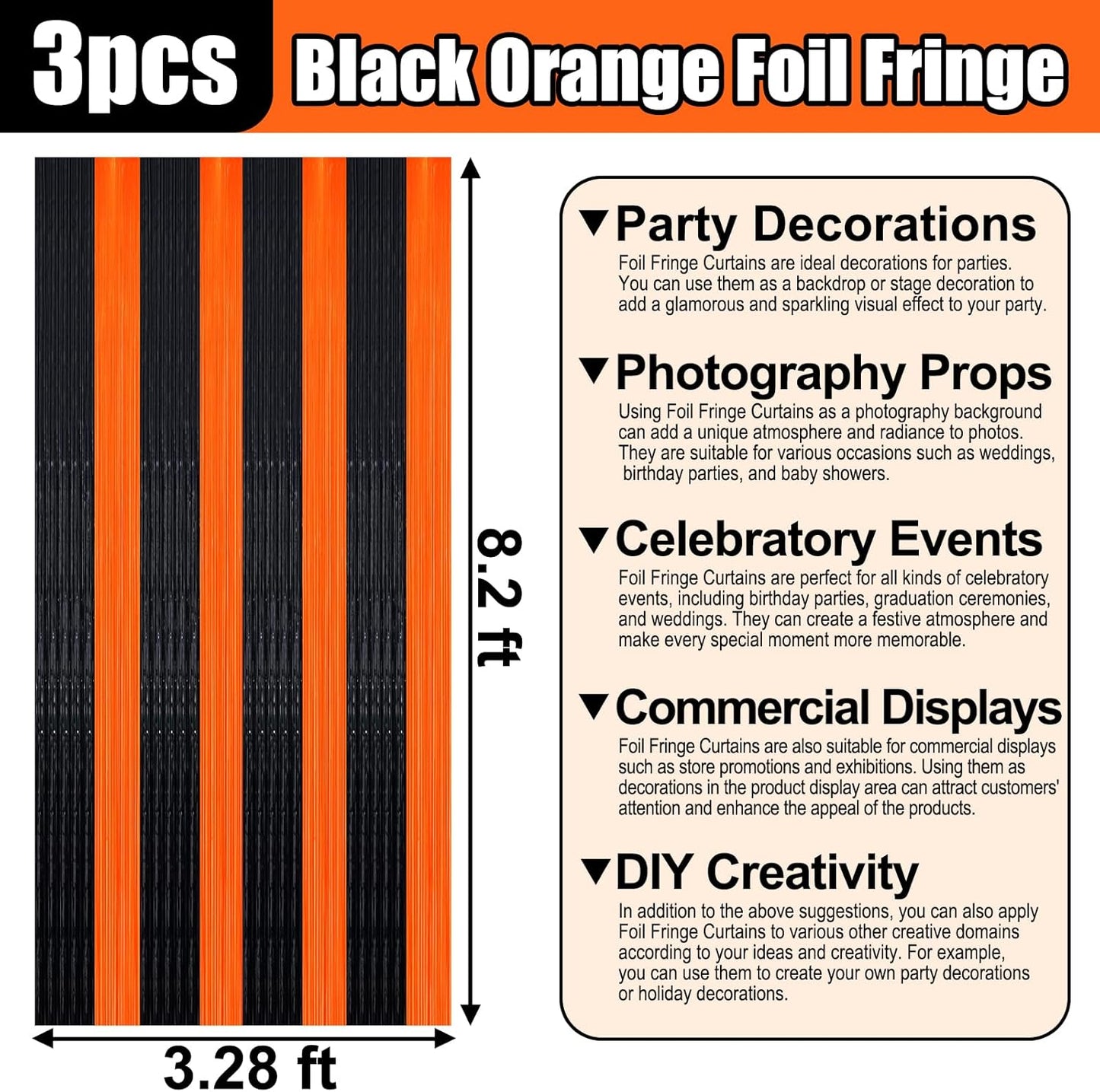 3 Pack Black Orange Foil Fringe Curtain Backdrop, 3.28Ft x 8.2Ft Metallic Tinsel Foil Fringe Streamer Curtains for Photo Booth, Christmas Day, Thanksgiving, Wedding, New Year Party Decorations