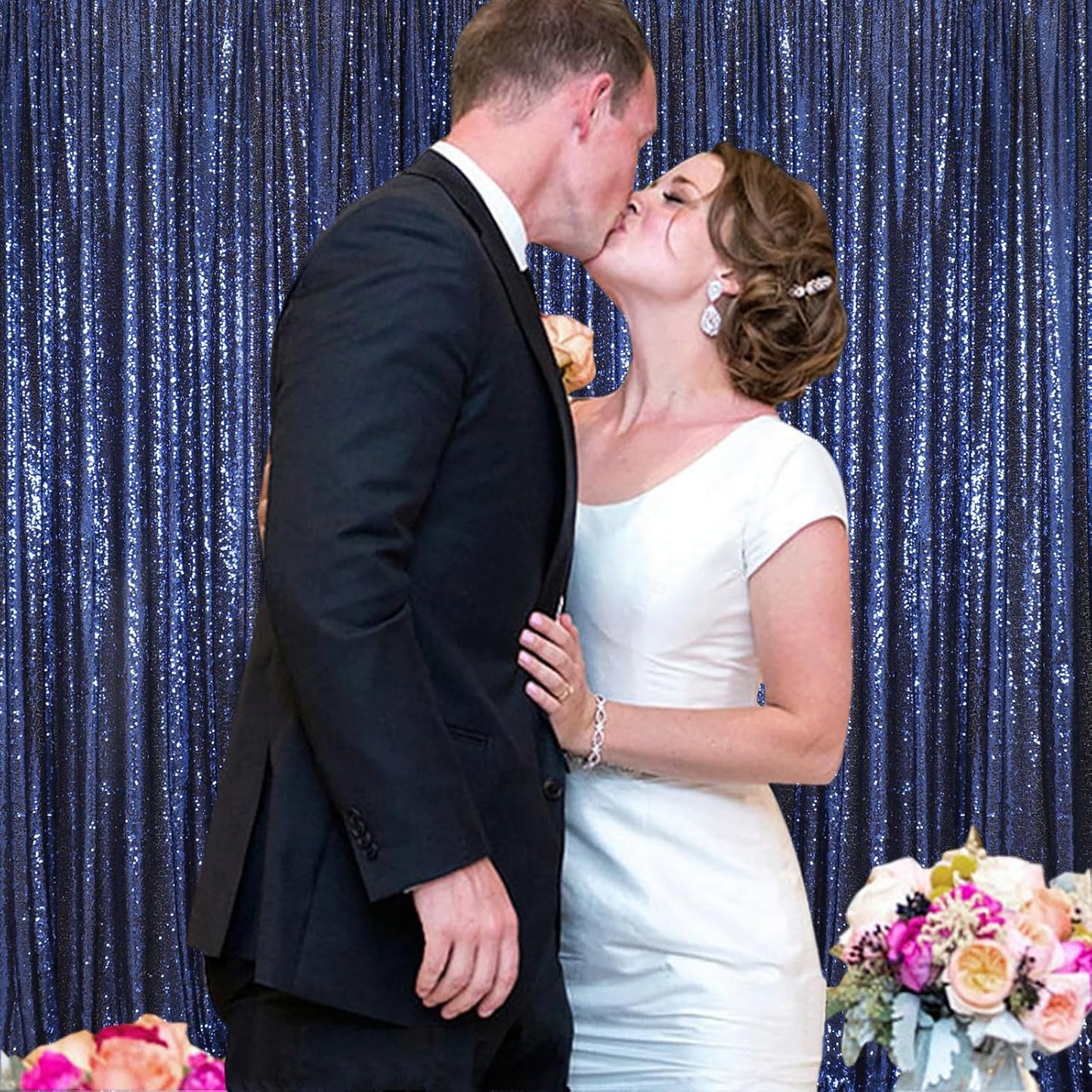 ShinyBeauty Navy Blue Sequin Backdrop 4x10ft (4 Panels) - Christmas Party Photo Booth, Winter Wedding Decor, Sparkle Curtain