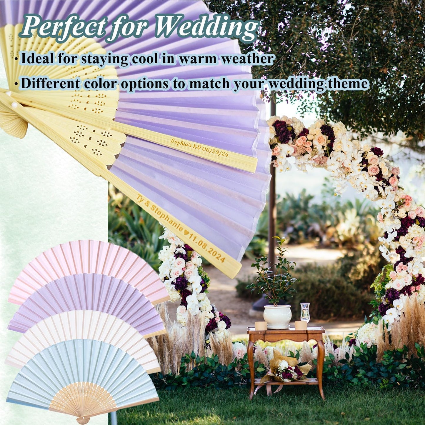 200 Pcs Personalized Purple Wedding Fans for Guests Bulk, Custom Hand Fans Decorative Folding Fans, Wooden Fans Party Favor Birthday Party Supplies Bridal Shower Gifts Baby Shower Favors