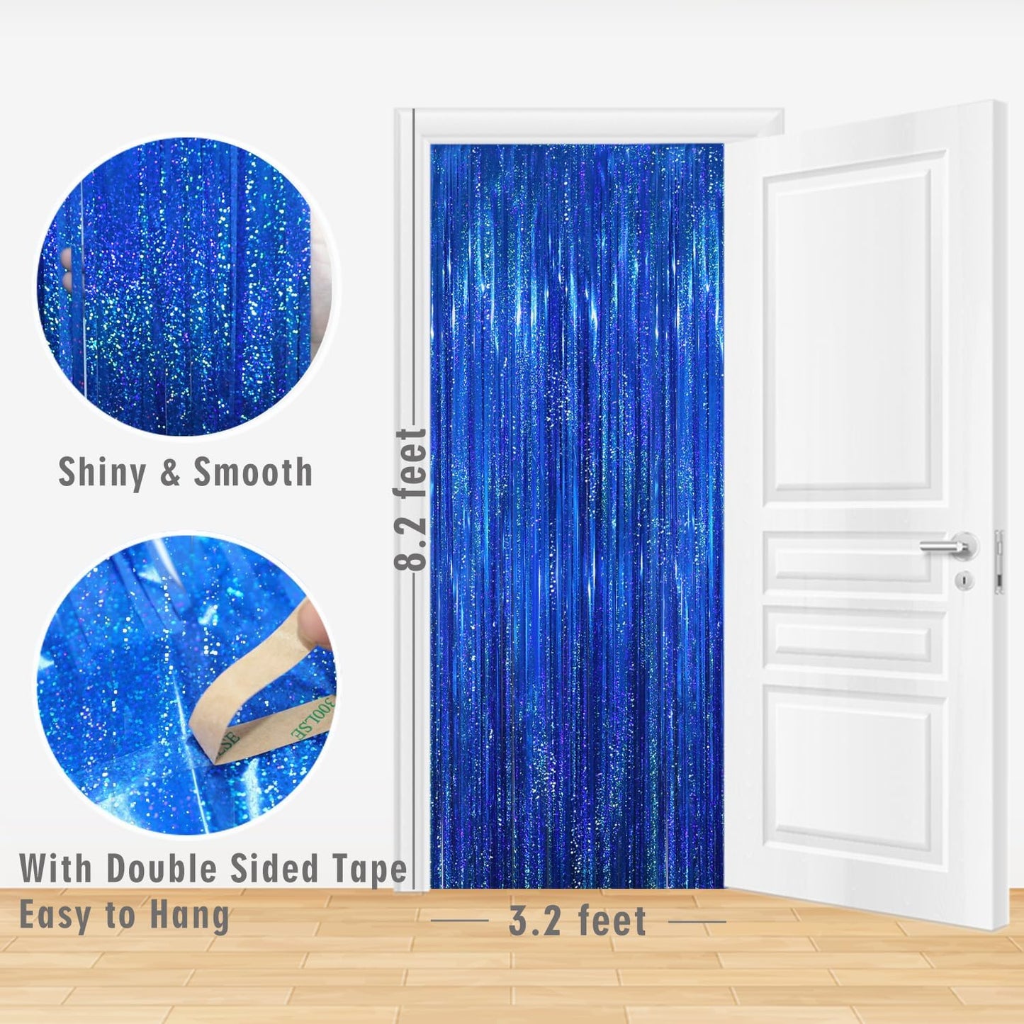 GOER 3.2 ft x 8.2 ft Metallic Tinsel Foil Fringe Curtains Party Photo Backdrop Party Streamers for Birthday,Graduation,New Year Eve Decorations Wedding Decor(1 Pack,Shiny Blue)