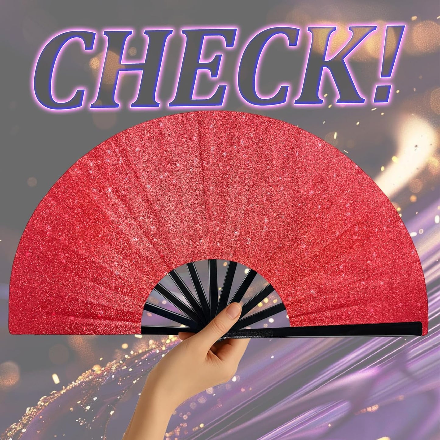 Glitter Large Fans Red Fans for Line Dancing Boots on The Ground Fan Shiny Popping Clacking Fan Hand Fans for Women Foldable Rave Accessories for Festival, Party, Club, Dance