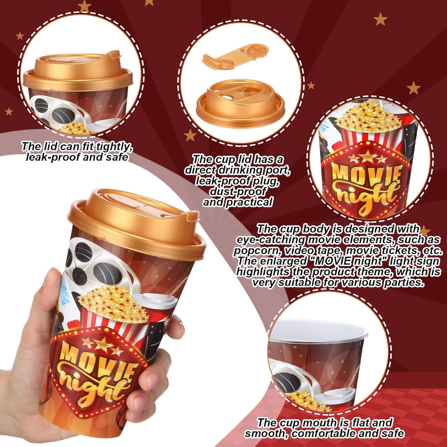 Yungyan 16 Sets Movie Night Party Favors Goodie Cups with Lids and Straws for Halloween Party Decorations Reusable 16oz Plastic Candy Cups Plastic Straws for Birthday Gift(Movie Night)