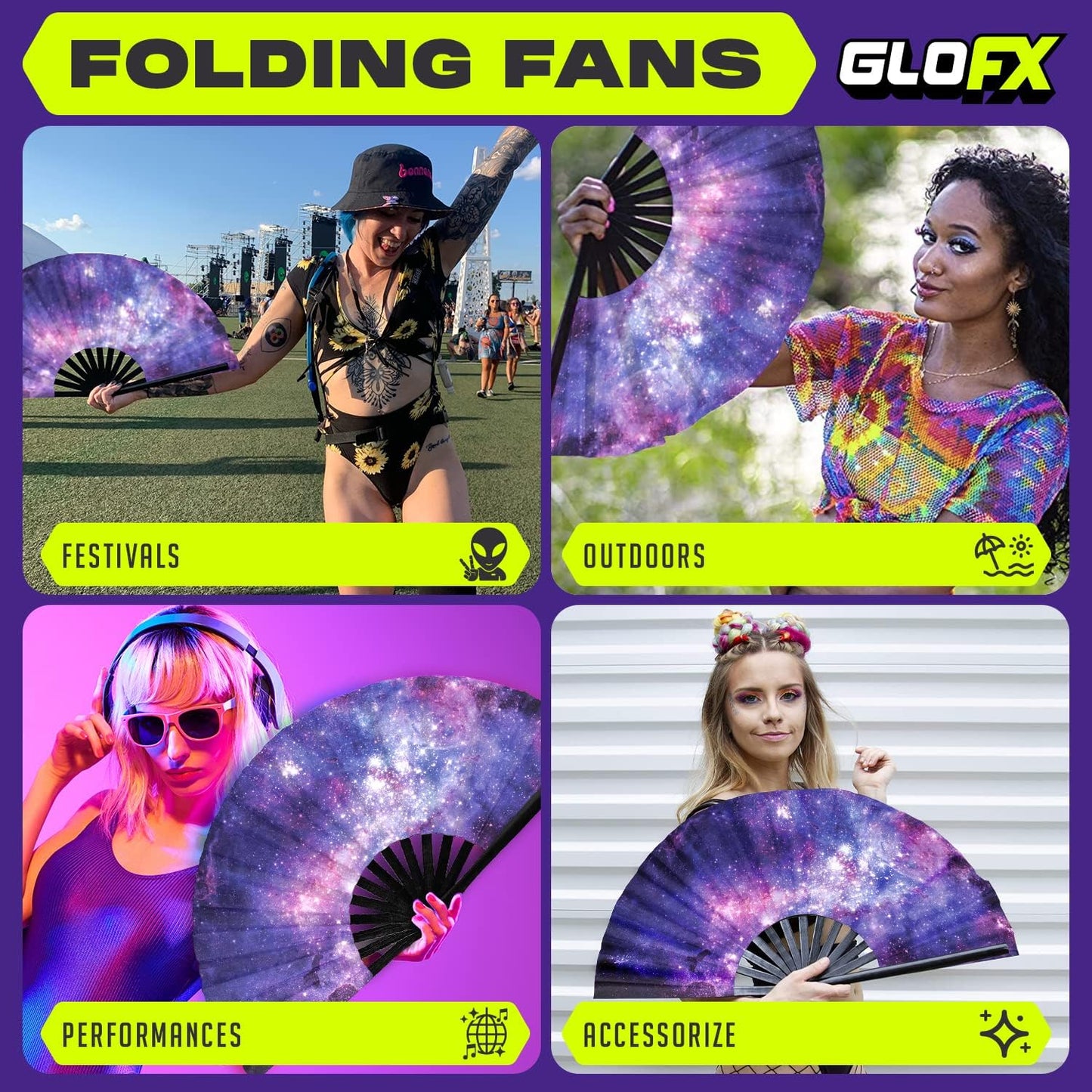 GloFX Folding Fan - Galaxy - Large Rave Clack Folding Hand Fan for Men/Women - for EDM, Music Festival, Club, Event, Party, Dance, Performance, Decoration, Gift
