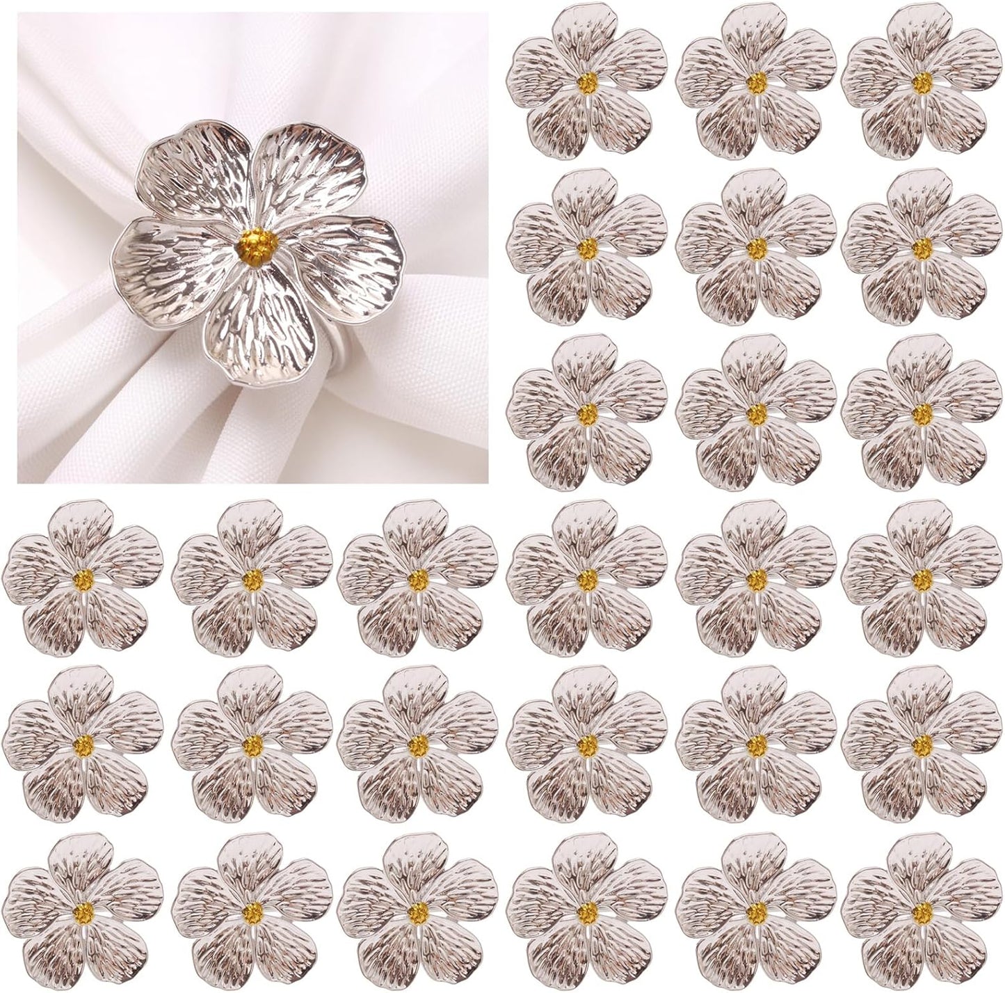 Flower Napkin Rings Set of 50, Plum Blossom Napkin Ring Silver Floral Holder for Wedding Season Banquet Party Décor Holiday Dinner Delicate Serviette Buckles Table Setting (Silver 50)