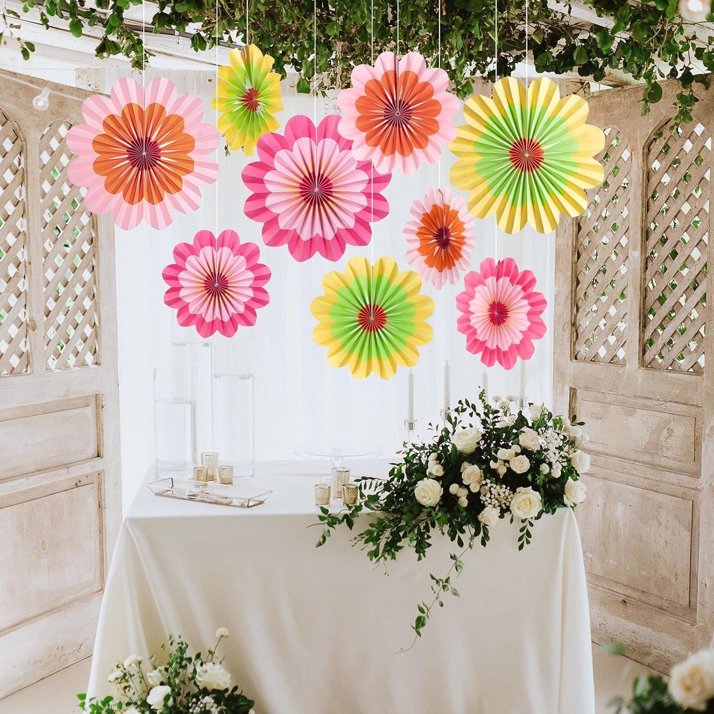 Easy Joy Paper Decorations Hanging Flower Fans - Floral Rainbow Paper Fans for Spring Summer Party, Wedding, Baby Shower - Set of 9