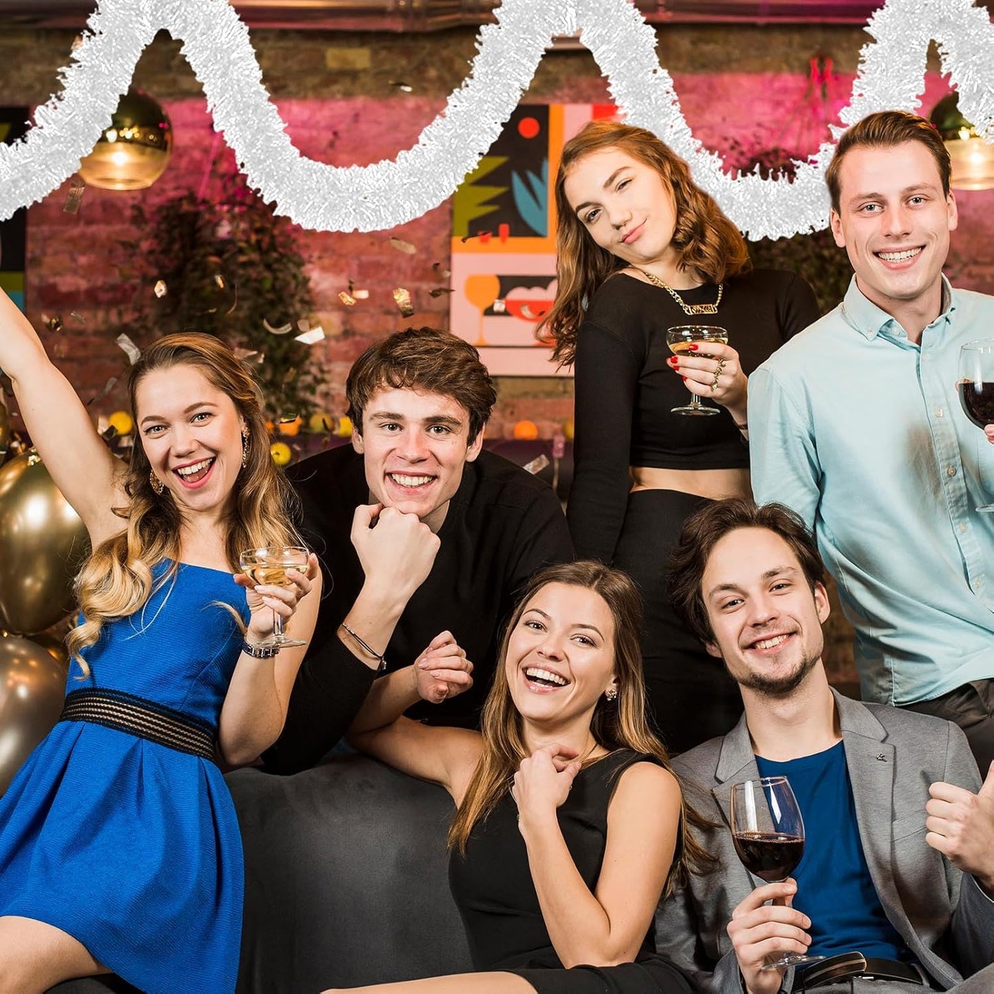 25 Feet Macaron White Christmas Tinsel Garland, Metallic Foil Twist Banner Wall Hanging Tinsel Streamers Backdrop for Parade Floats, Christmas, Mother's Day, Birthday Party Decorations(4in x 25ft)