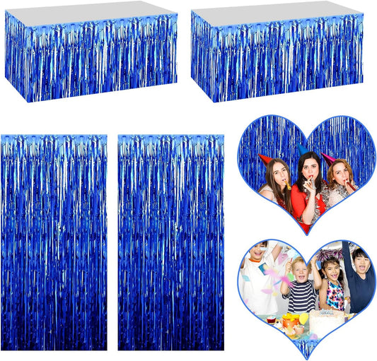 4P Metallic Foil Fringe Tinsel Table Skirts for Rectangle Tables Backdrop Banner Tinsel Streamer Garland Curtains for Parade Floats Wedding Graduation Anniversary Birthday Parties Decoration (Blue)