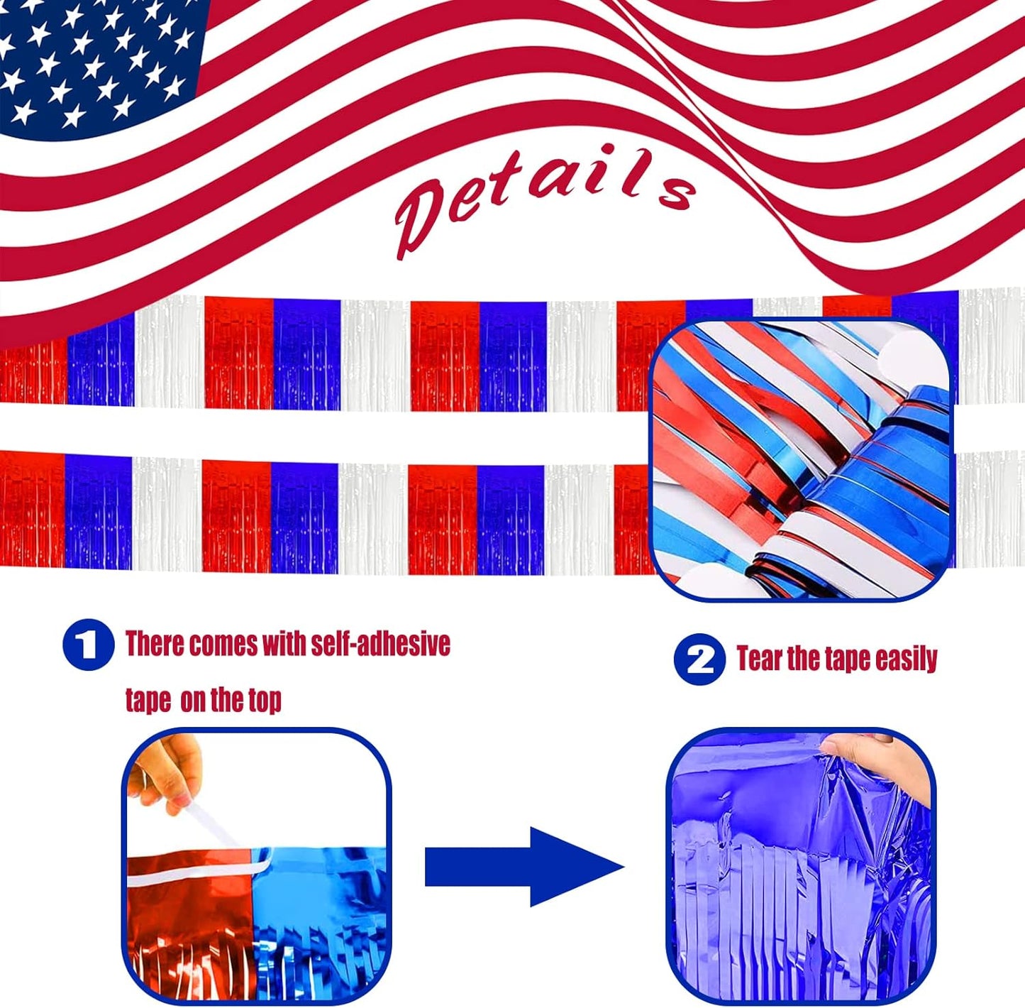 6 Pack 10 Feet White Blue Red Foil Fringe Garland Metallic Tinsel Streamers Banner Wall Hanging Backdrop Banner for Parade Floats, Thanksgiving, Christmas, Birthday, Halloween Party Decorations