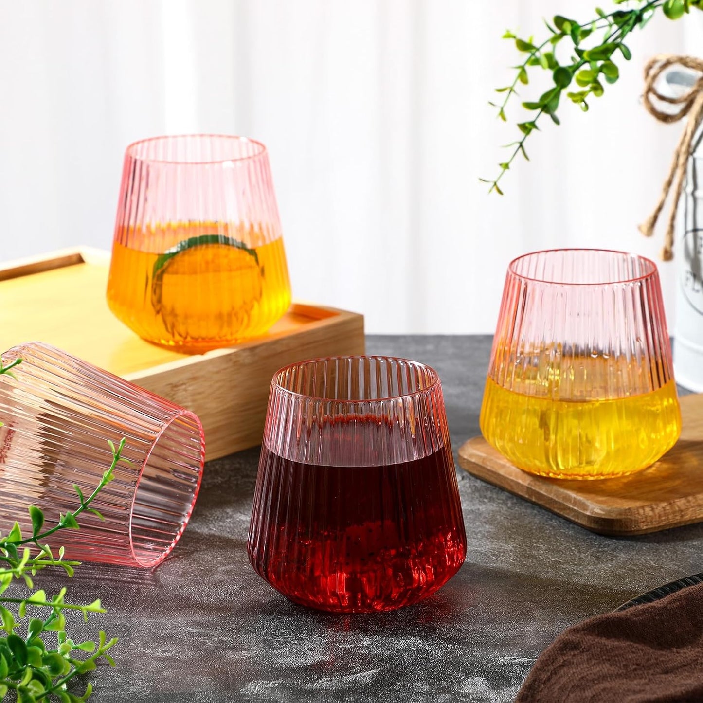 24 Pcs Pink Plastic Wine Glasses Ribbed Disposable Wine Glasses Unbreakable Stemless Champagne Whiskey Cups Ribbed Cocktail Plastic Cups for Wedding Home Office Bar (12 oz,Origami)