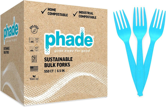 phade 100% Compostable Forks – BPI Certified Sustainable PHA Flatware, 550 Unwrapped Bulk Count, 6.5 Inch Eco-Friendly Disposable Utensils for Home, Catering, Events – Made in USA