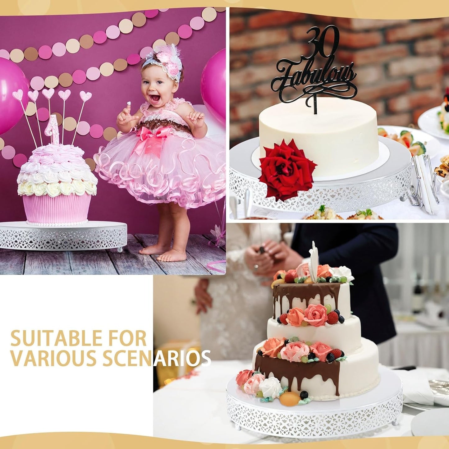 Wenqik Cake Stand 14 Inch Round Metal Cupcake Dessert Wedding Cake Stand Cookies Display Holder Fruit Serving Tray for Table Wedding Birthday Anniversary Party(White)