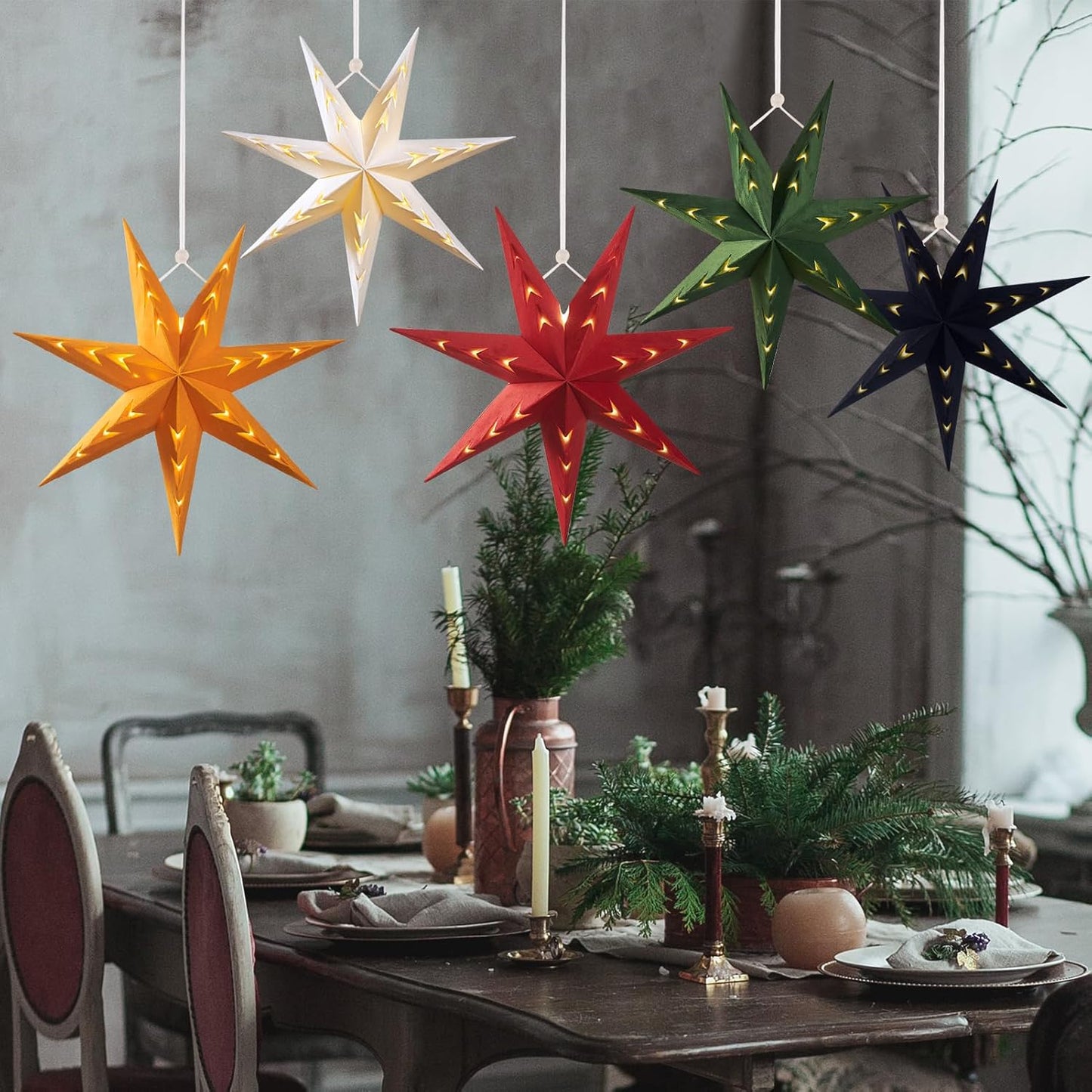 EASY JOY 5-Piece 7-Pointed Paper Star Decoration With Light - 12 Inch 3D Paper Star Lantern for Christmas, Home, Party, Wedding, Birthday