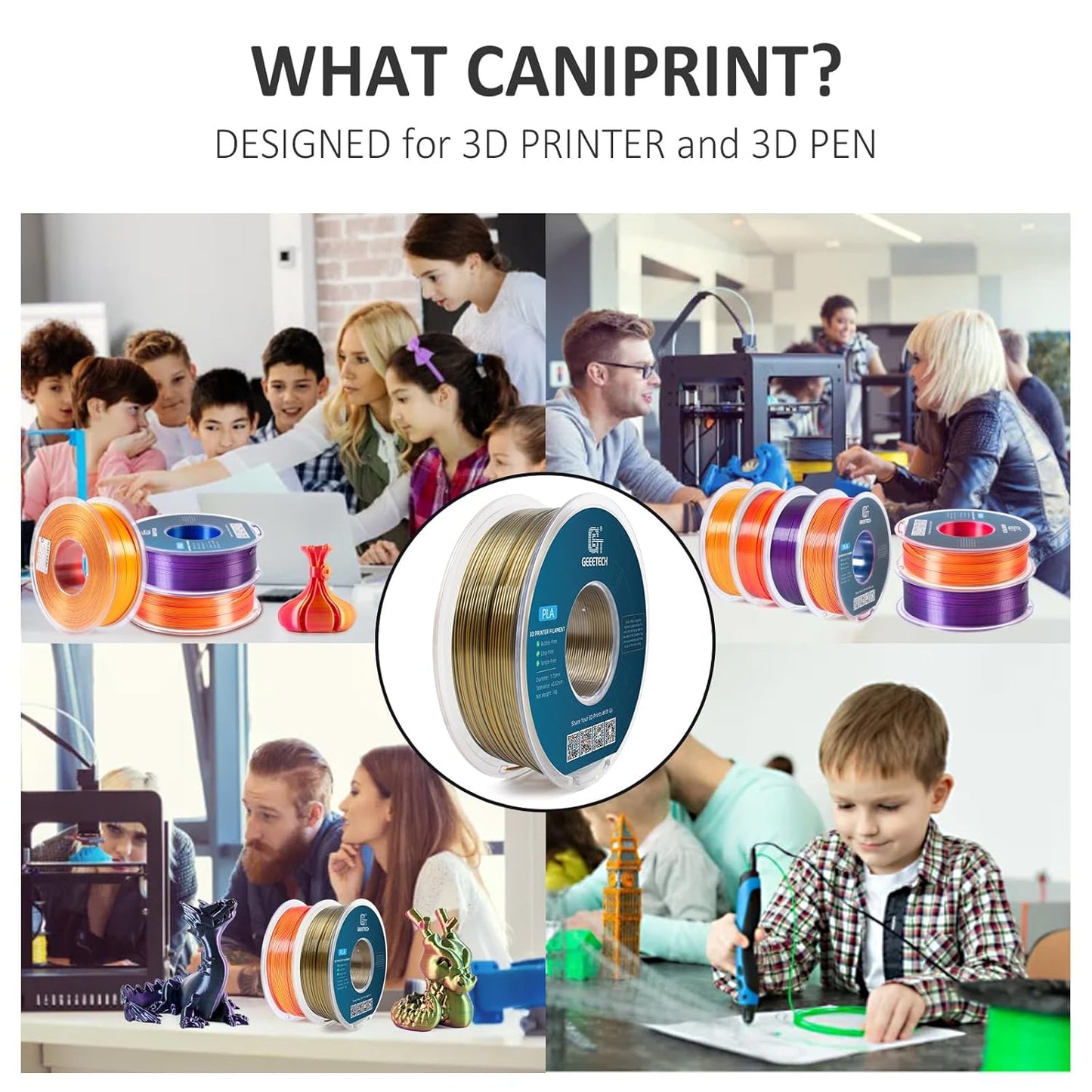 Geeetech Silk PLA Filament 1.75mm Silk Dual Color Filament, Coextrusion Dichromatic Metal-Like Shiny Consumable 1kg (2.2lbs) 1 Spool, Dimensional Accuracy +/- 0.02 mm, Gold Silver