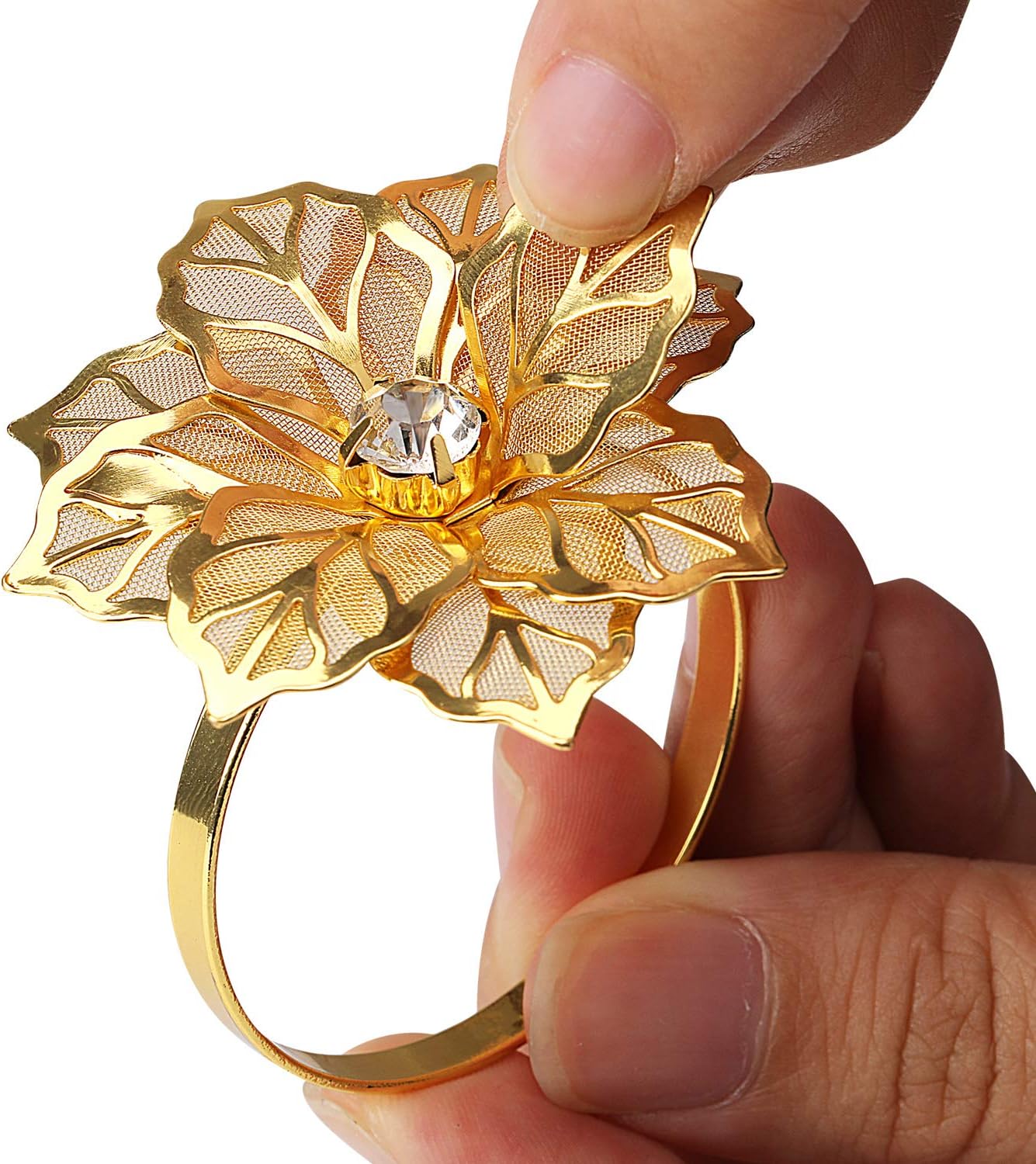 KPOSIYA Flower Napkin Rings Holder Metal Gold Napkin Rings Set of 12 for Wedding Party Holiday Banquet Christmas Dinner Delicate Serviette Buckles Decor Favor (12, Flower-Gold)