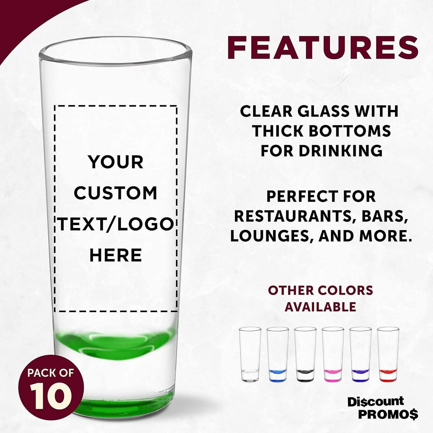 Custom Cordial Shooter Shot Glasses 2 oz. Set of 10, Personalized Bulk Pack - Great for Birthdays, Parties, Indoor & Outdoor Events - Green