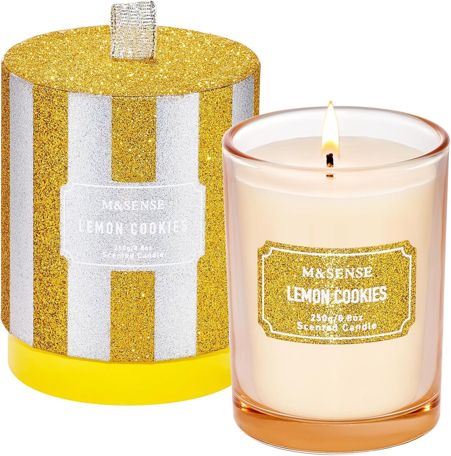 M&SENSE Lemon Scented Candle, Classic Size 8.8 oz Glitter Jar, Holiday Gifts for Women, Strong Scented Natural Soy for Winter Home Decor, 50 Hours Long Burning