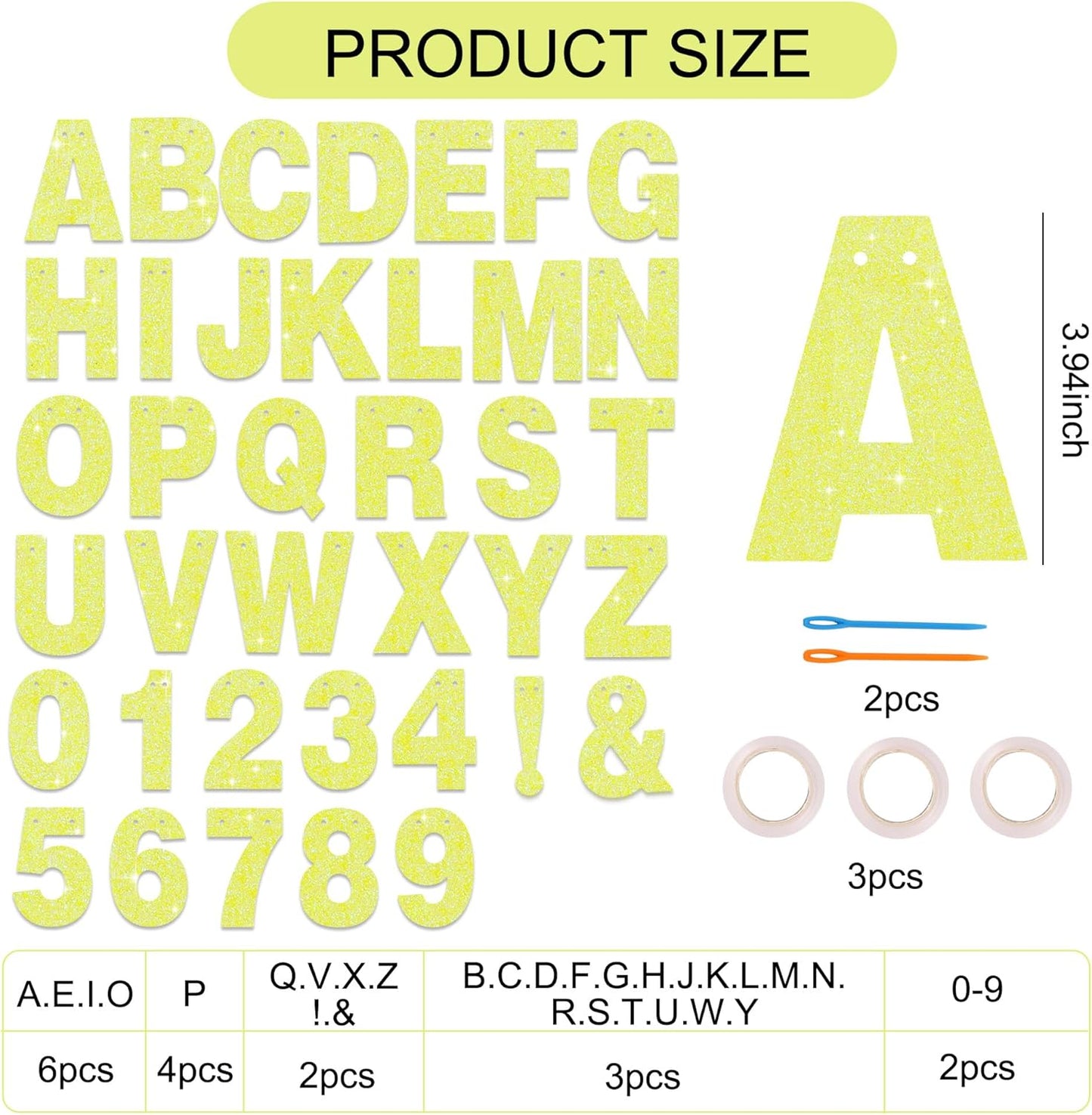 BEISHIDA 116 PCS Glitter Color Yellow DIY Letter Banner Kit Make Your Own Banner，Including 111 Letters and Numbers 3 Rope and 8 Threading Device,Customized for Birthday Graduation Wedding Party Decor
