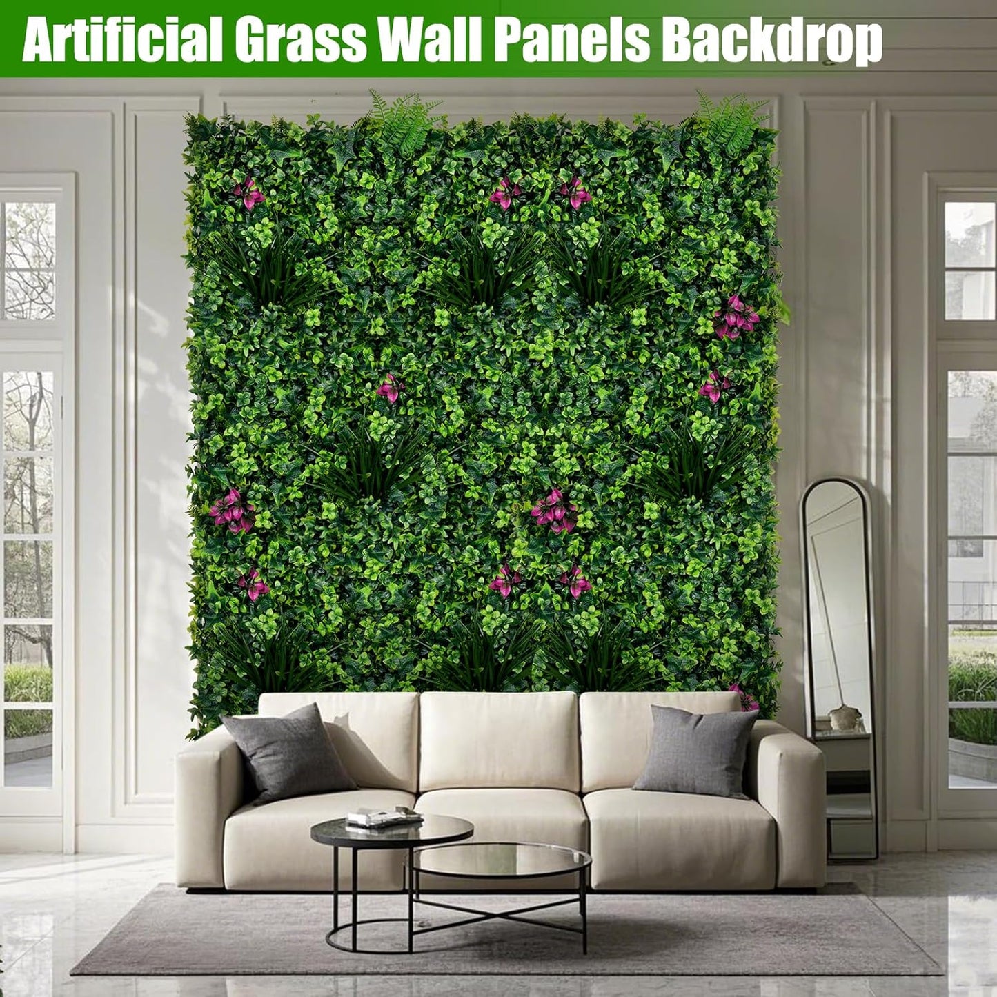 Artificial Grass Wall Panels, 20"x20" 16pcs Grass Backdrop Wall with Mint Plant Leaves, UV-Anti Fake Greenery Plant Boxwood Panels for Privacy Fence Screen, Outdoor Green Wall Decor for Patio Garden